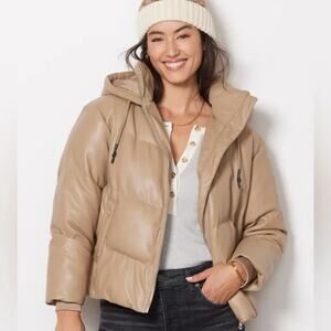Jakke Poppy Vegan Faux Leather Hooded Puffer Coat Jacket Tan 2